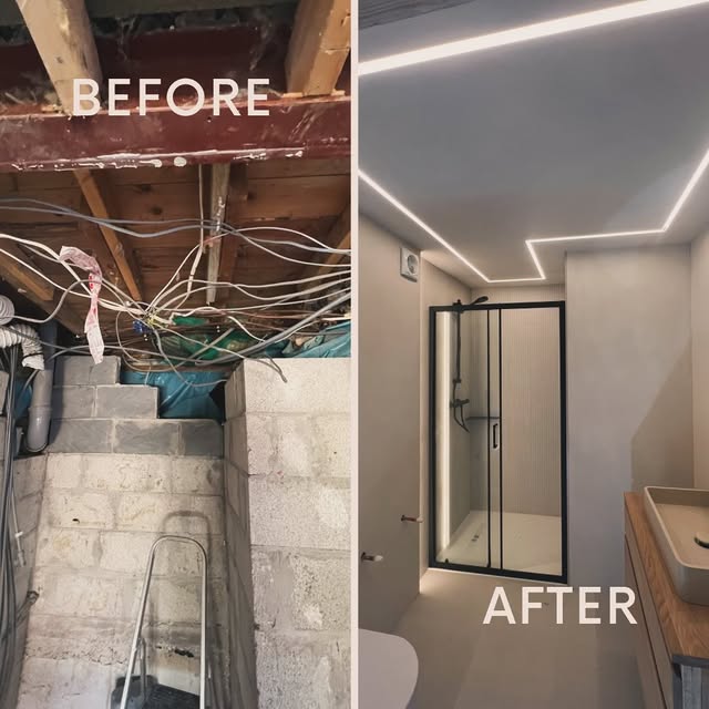 Before and after shower room electrical and LED lighting installation